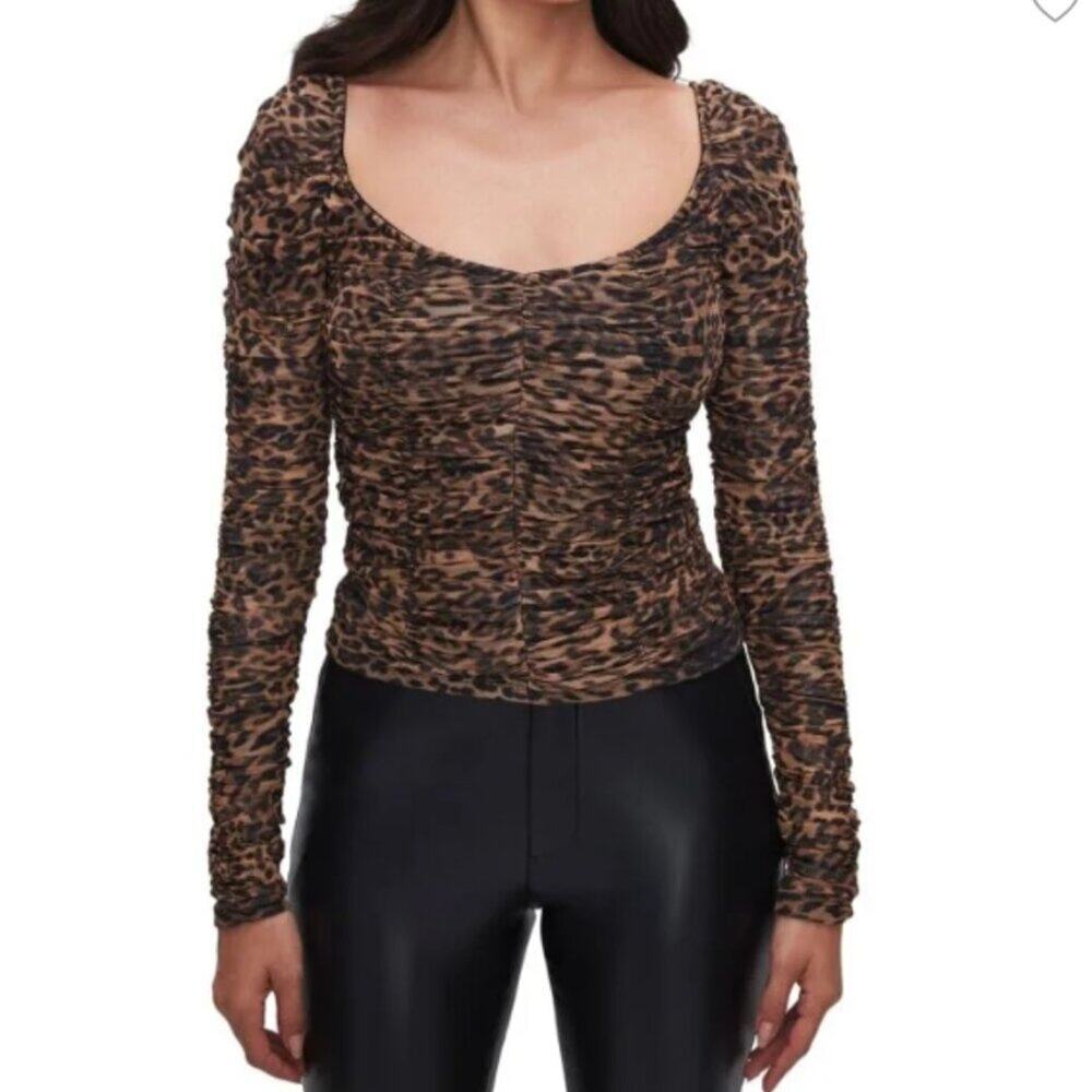 Good American Ruched Cheetah-Print Mesh Top - Picture 2 of 7